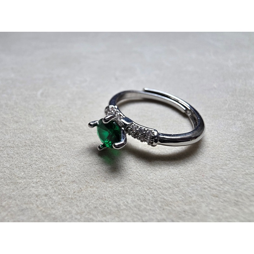 925 Sterling Silver Green Stone Adjustable Bypass Ring Size 7.5 Clear Accents